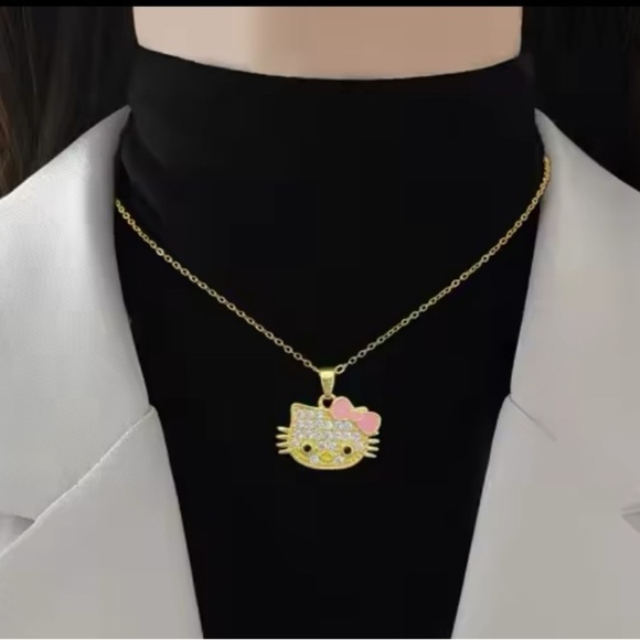 18K Gold Plated Hello Kitty Head W/ Enameled Bow Pave Diamond Inlay Necklace - Picture 5 of 7